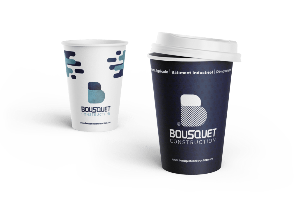 gobelets bleu et blanc pour Bousquet Construction